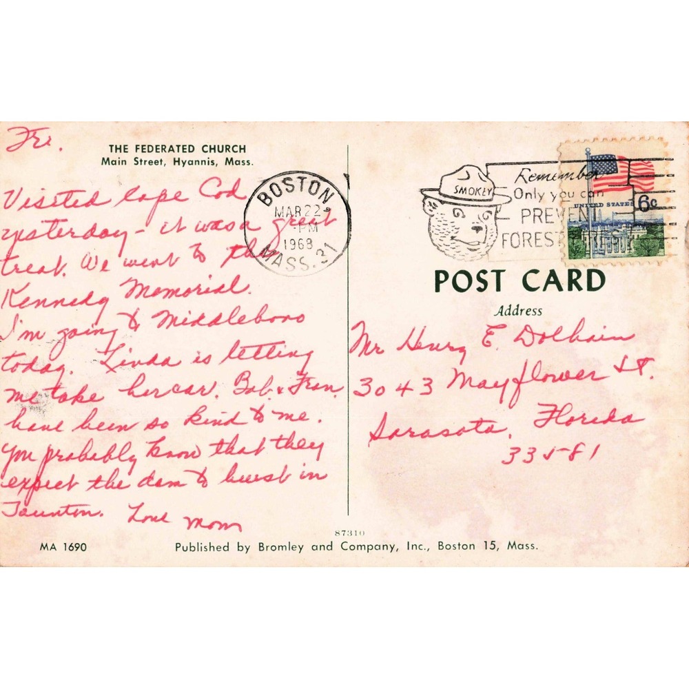 Vtg 1968 The Federated Church Hyannis Mass Postcard MA 1690 Chrome Postmarked - Picture 2 of 2
